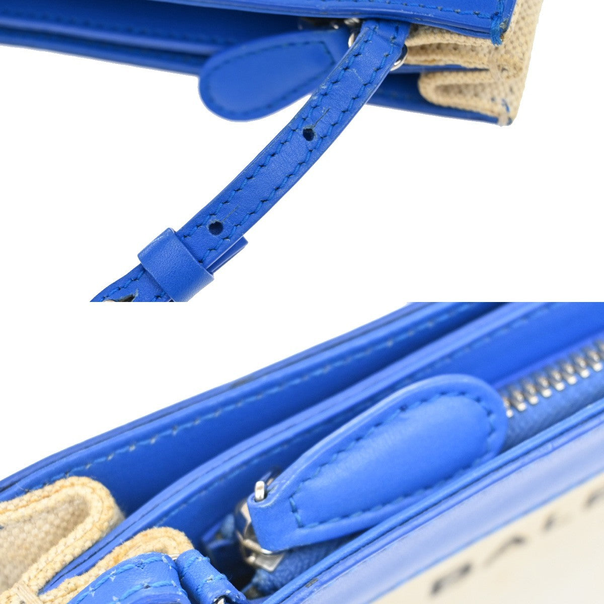 BALENCIAGA Logo 2Way Shoulder Clutch Bag Canvas Leather Beige Blue 62FB962
