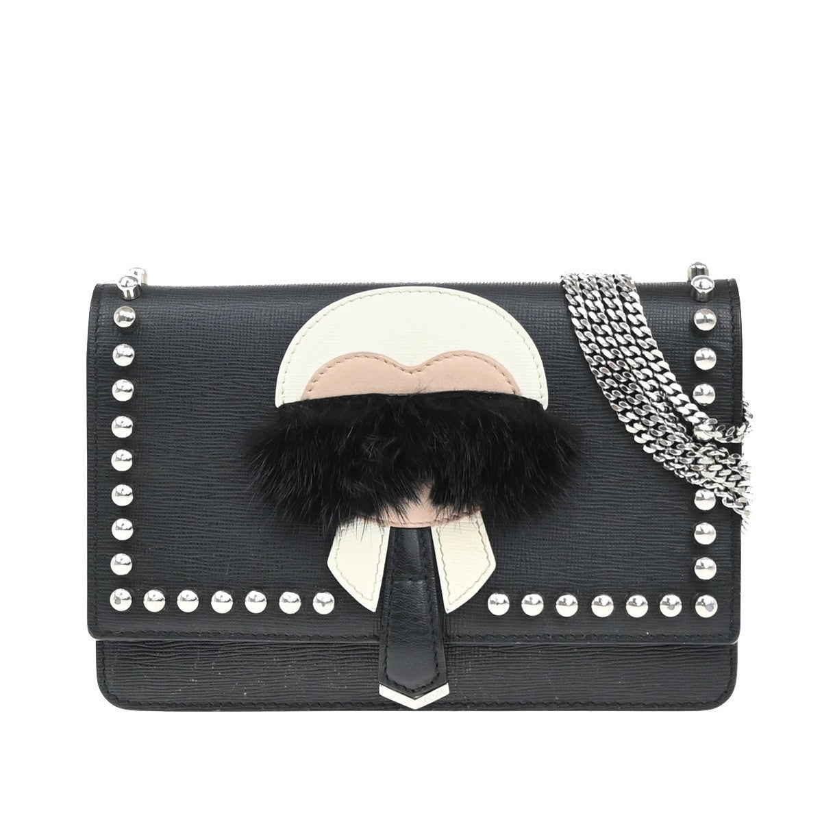 FENDI Karlito Karl Lagerfeld Chain Wallet Shoulder Bag Leather Black 85EG190