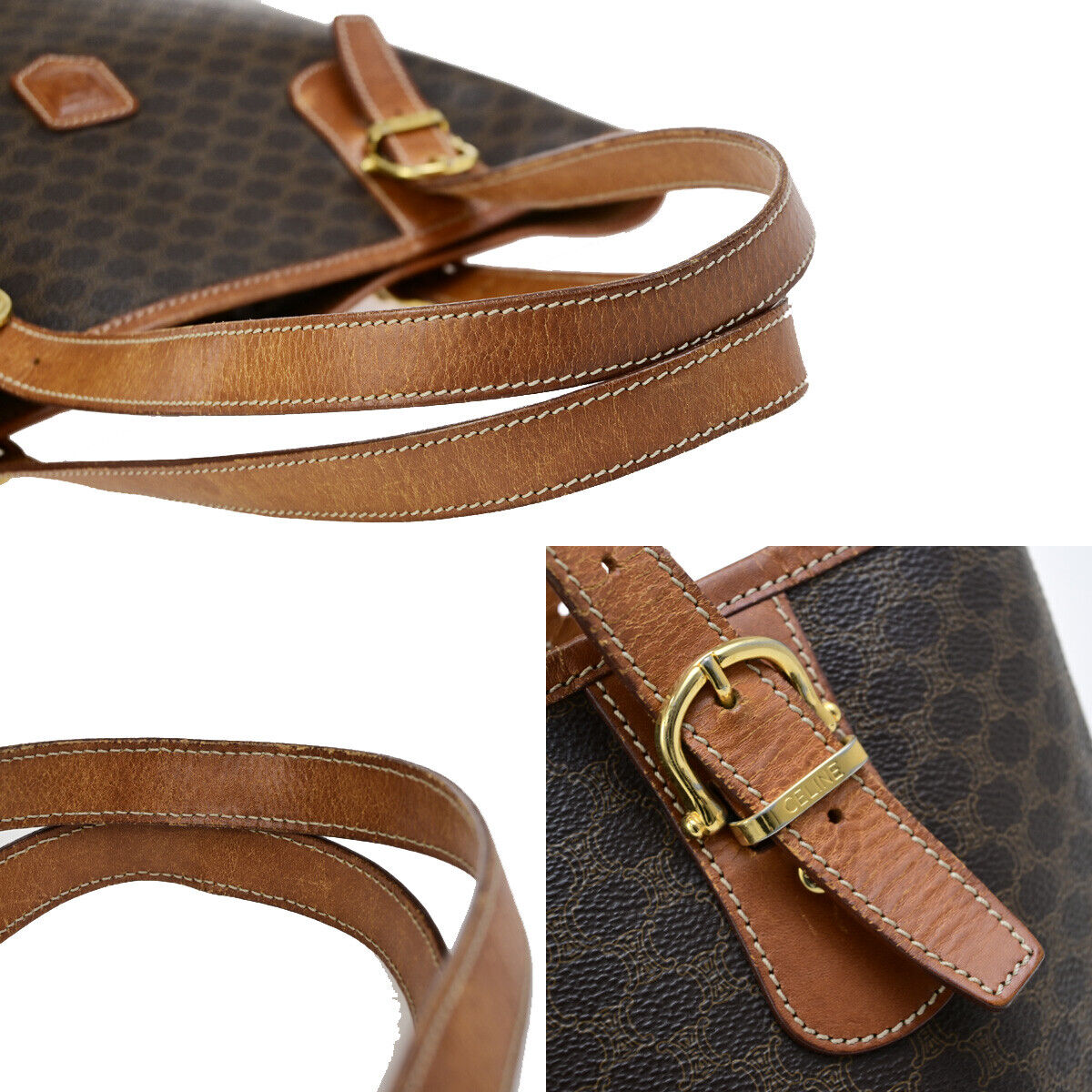 CELINE Logo Macadam Pattern Shoulder Tote Bag PVC Leather Brown GHW 67YG537