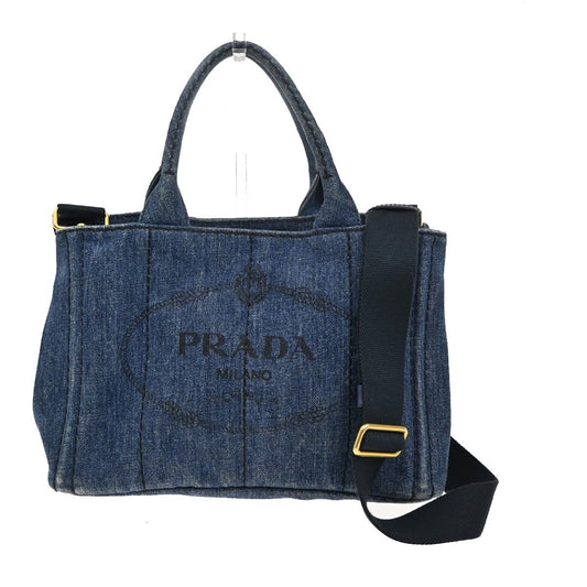 PRADA Plate Logo Canapa 2Way Shoulder Hand Bag Denim Blue 85TA369
