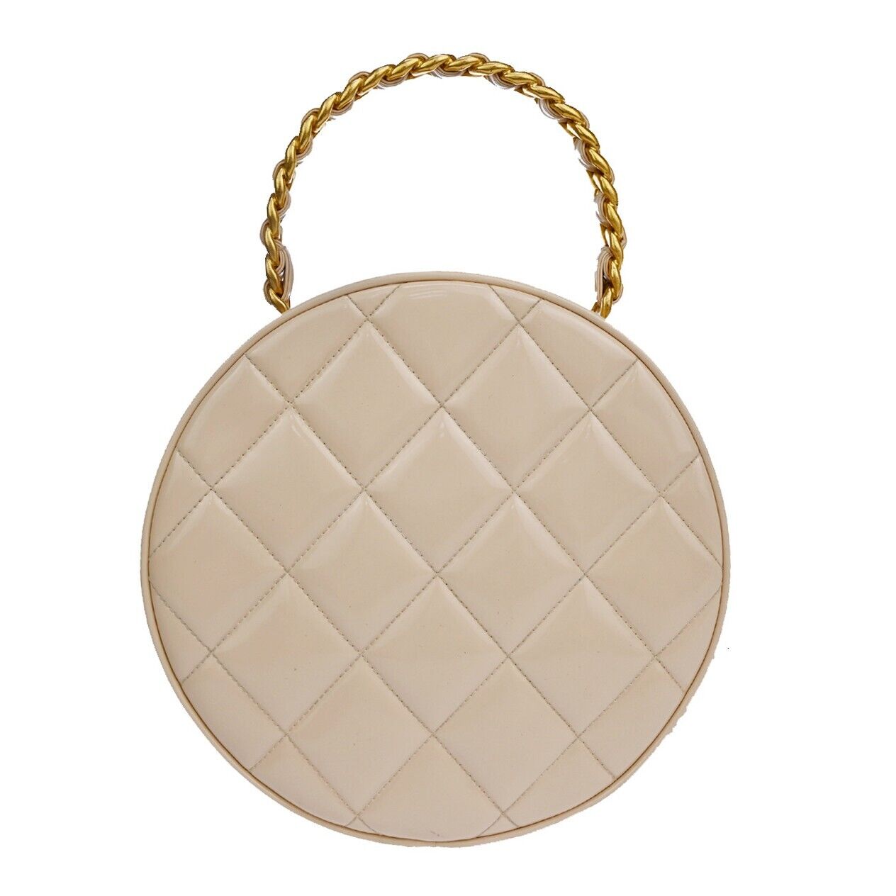 CHANEL CC Matelasse Round Vanity Chain Hand Bag Patent Leather Beige 6600LC414