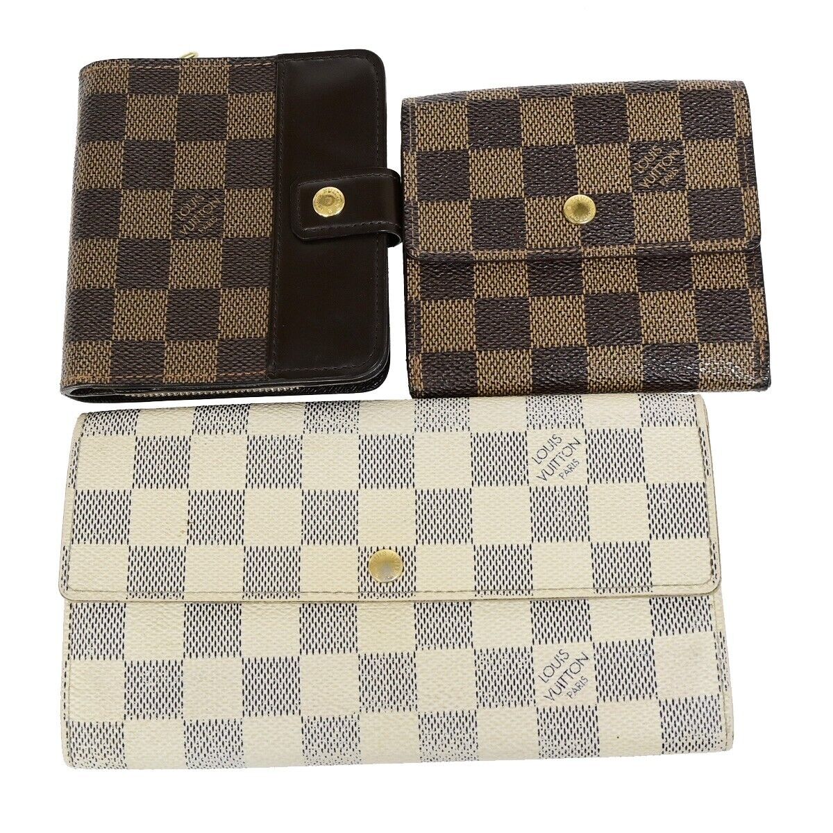 LOUIS VUITTON 3 Set Long Bifold Wallet Damier Ebene Azur Brown White 34YF077