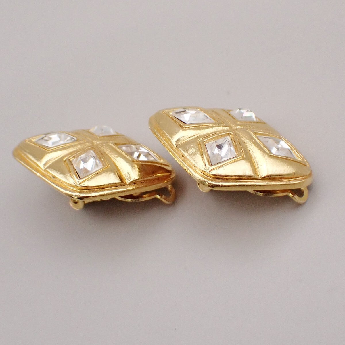 CHANEL Logo Rhinestone Diamond Shape Button Earrings Clip-On GHW 31RL075