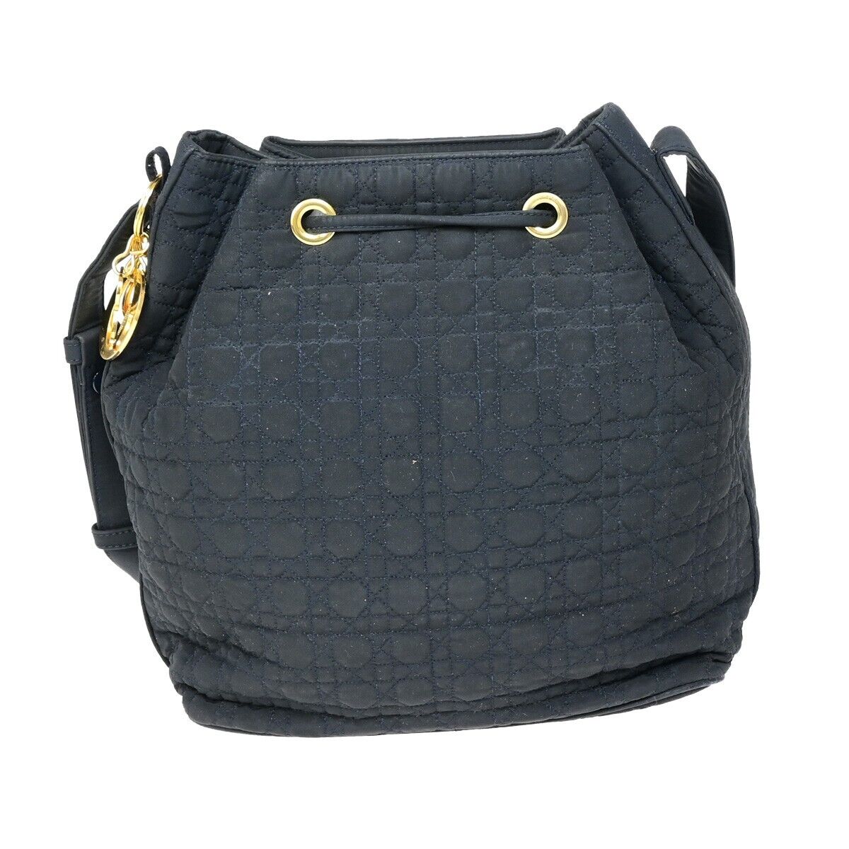 CHRISTIAN DIOR  Cannage Bucket Shoulder Bag Canvas Leather Navy Blue 86SH958