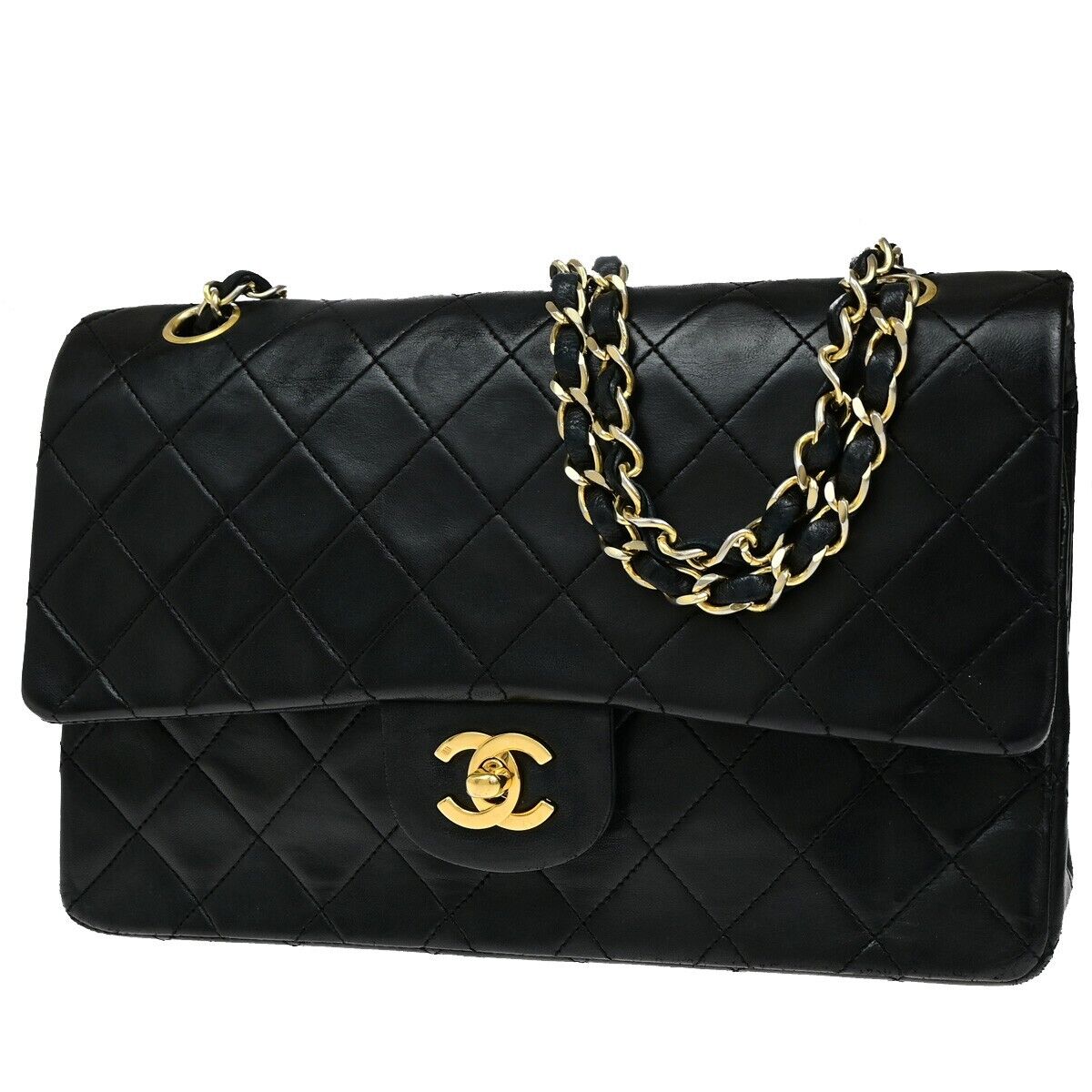 CHANEL CC Matelasse 25 Double Flap Chain Shoulder Bag Leather Black GHW 399RL022