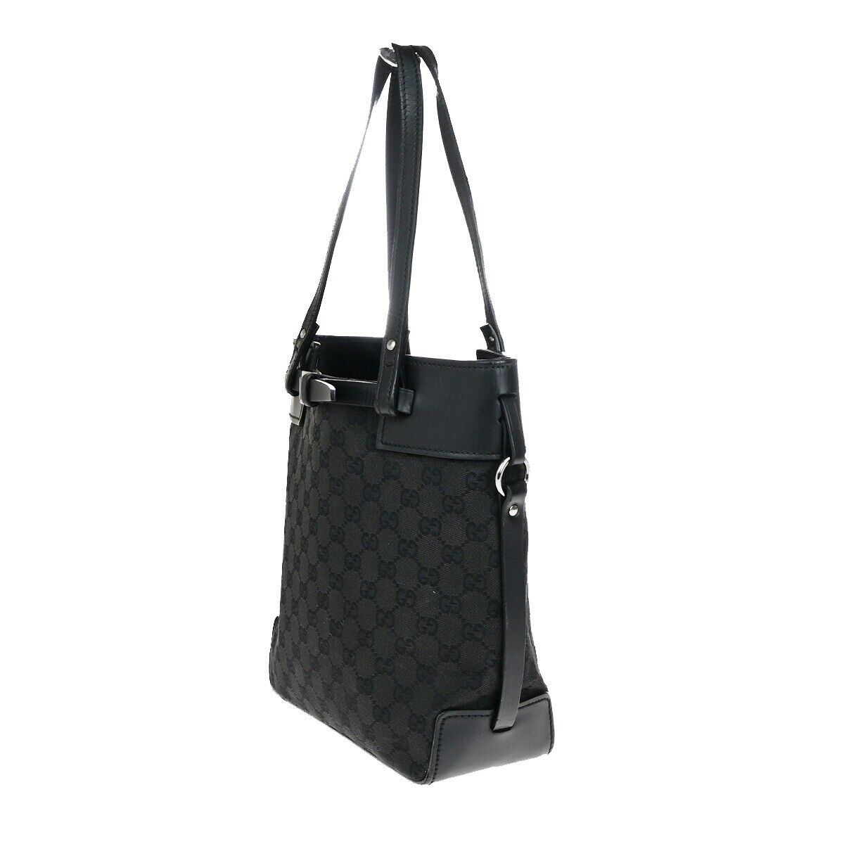 GUCCI Logo GG Pattern Shoulder Bag Canvas Leather Black Silver Italy 02EC919