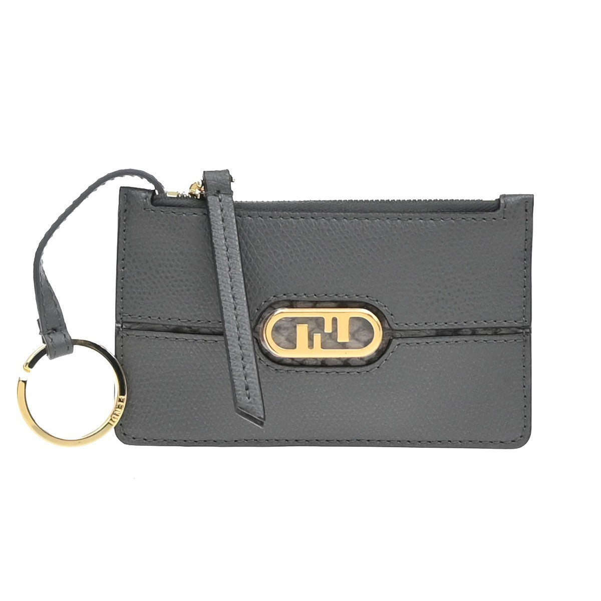 FENDI O' Lock Fragment Case Coin Wallet Purse Leather Grey Gold Italy 30KP201