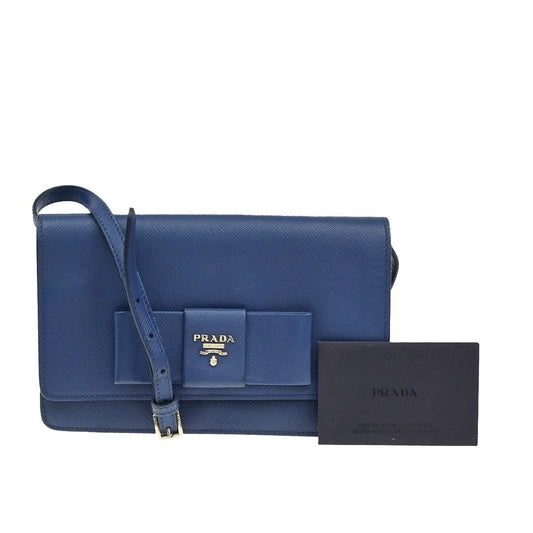 PRADA MILANO Logo Bow 2Way Shoulder Clutch Bag Saffiano LUX Leather Blue 87RF248