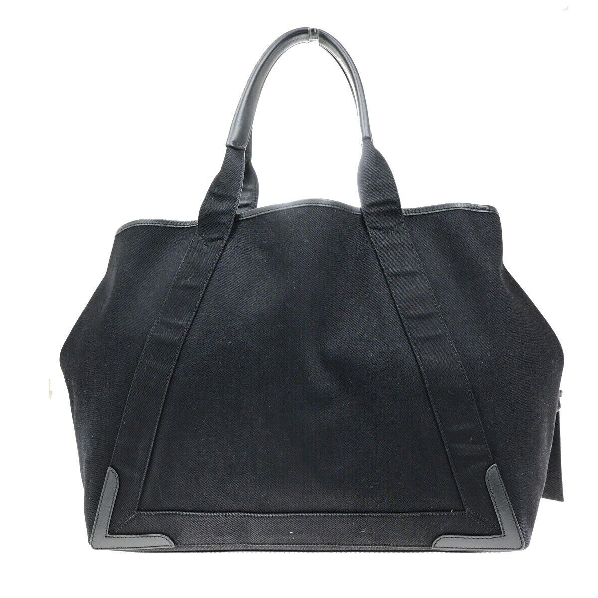 BALENCIAGA Logo Navy Cabas Shoulder Tote Bag Canvas Leather Black 34ED425