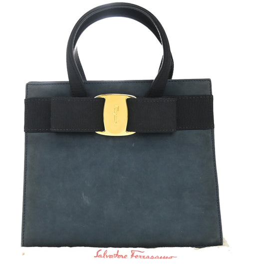 SALVATORE FERRAGAMO Vara Hand Bag Suede Leather Navy Blue Gold Italy 69KB383