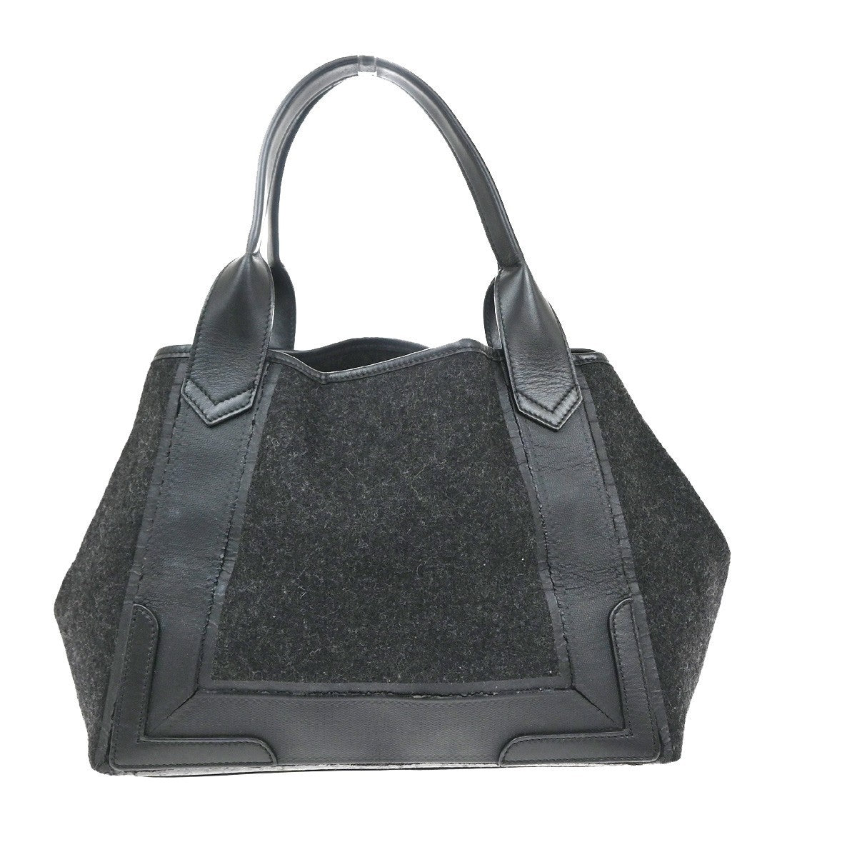 BALENCIAGA Logo Navy Cabas S Hand Bag Wool Felt Fabric Leather Black 30YH822