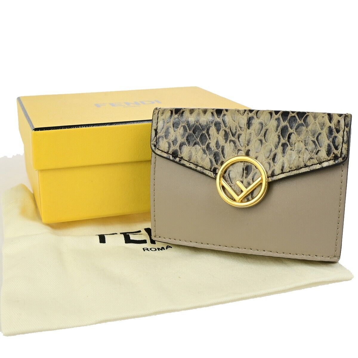 FENDI FF Logo Compact Mini Trifold Wallet Exotic Leather Brown Italy 64KA474