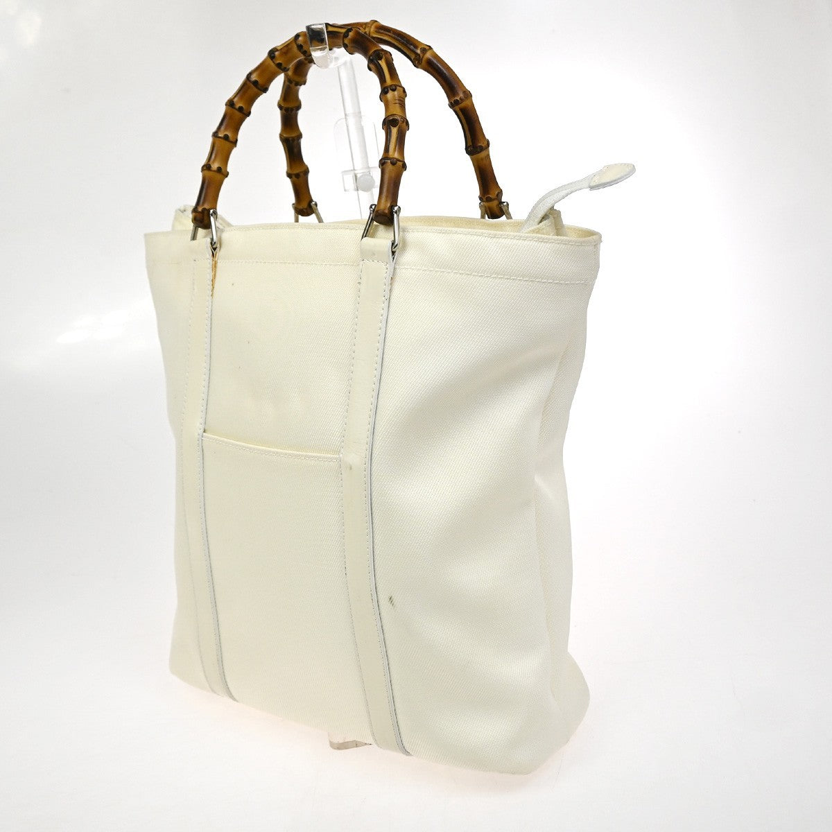 GUCCI Logo Bamboo Tote Handbag Nylon Patent Leather White SHW Italy 66KC967