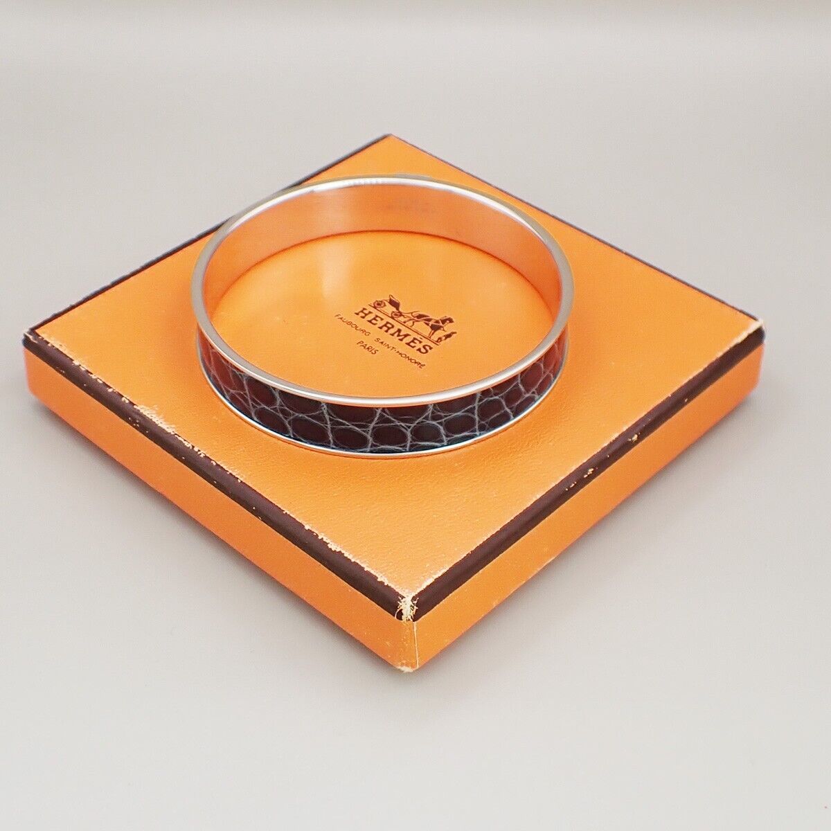 HERMES Logo Bangle Bracelet #S Exotic Leather Blue Silver 32KA475