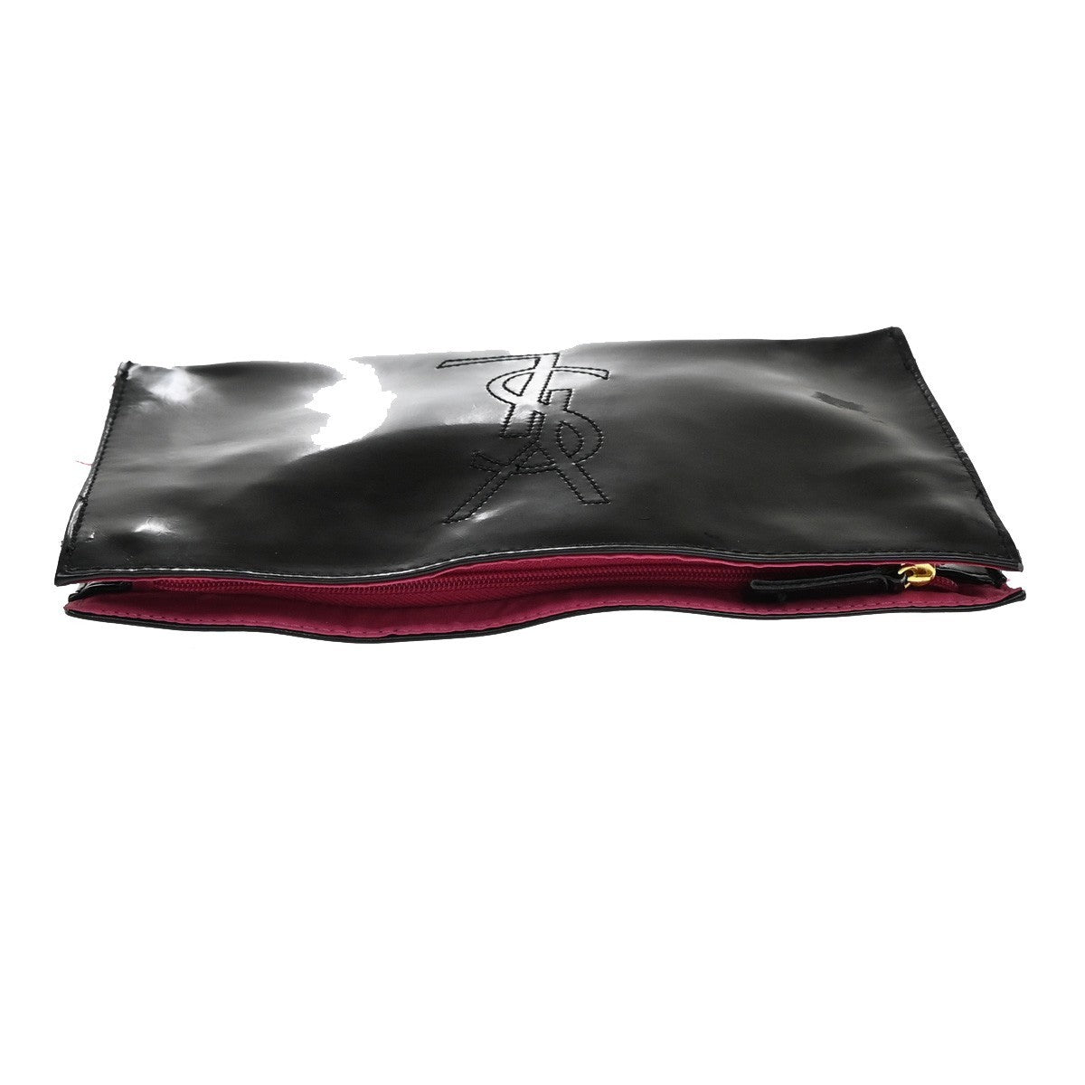 YVES SAINT LAURENT YSL Logo Pouch Bag Patent Leather Black Pink GHW 03KB043