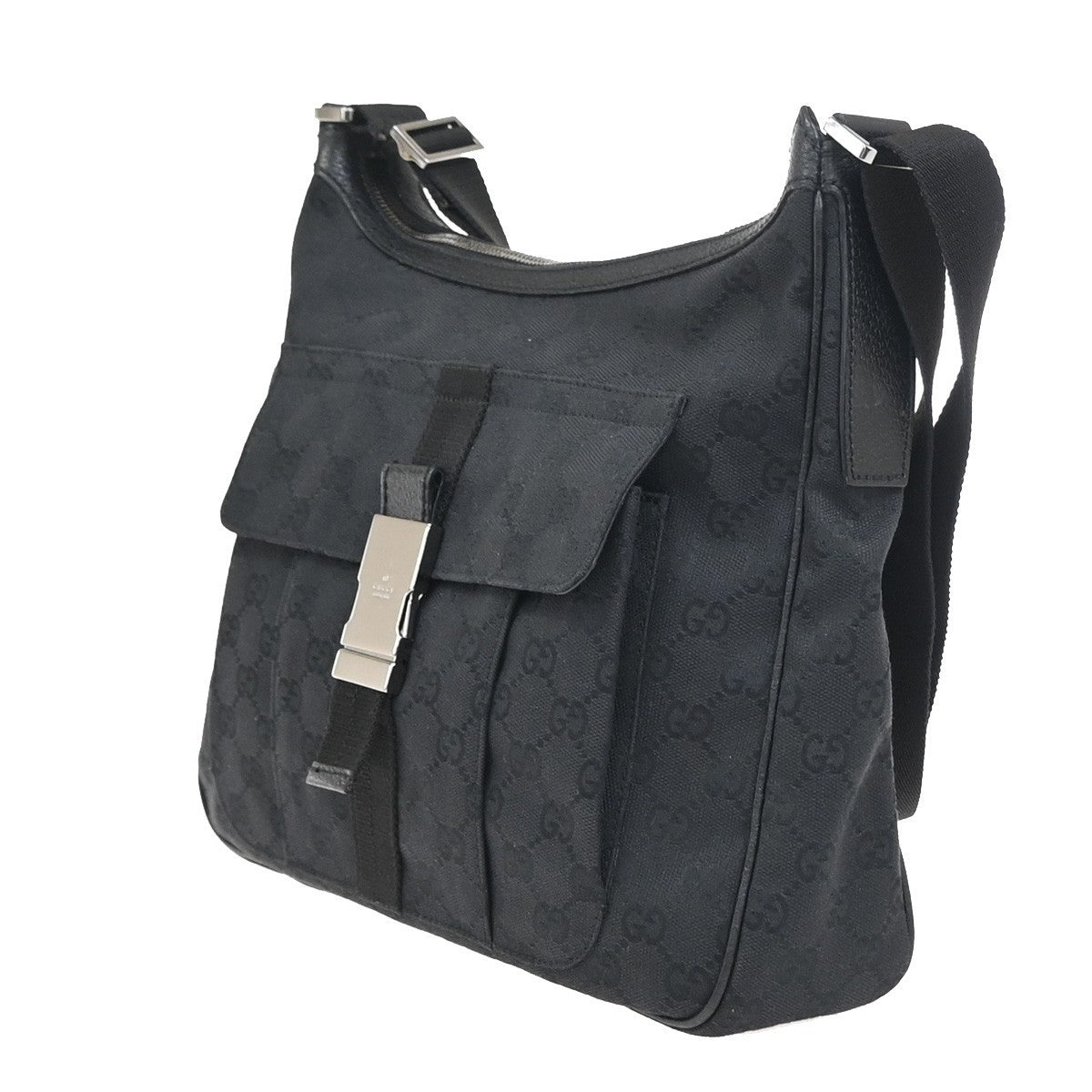 GUCCI GG Pattern Shoulder Cossbody Bag Canvas Leather Black SHW Italy 34ZA352