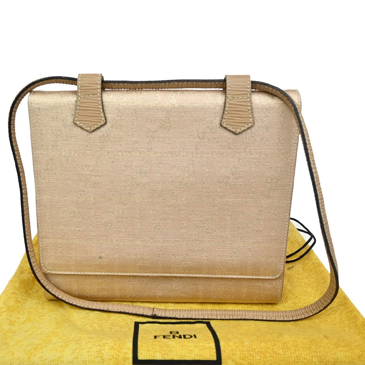 FENDI Logo Zucca Pattern Shoulder Bag Canvas Leather Gold Beige 87TA127