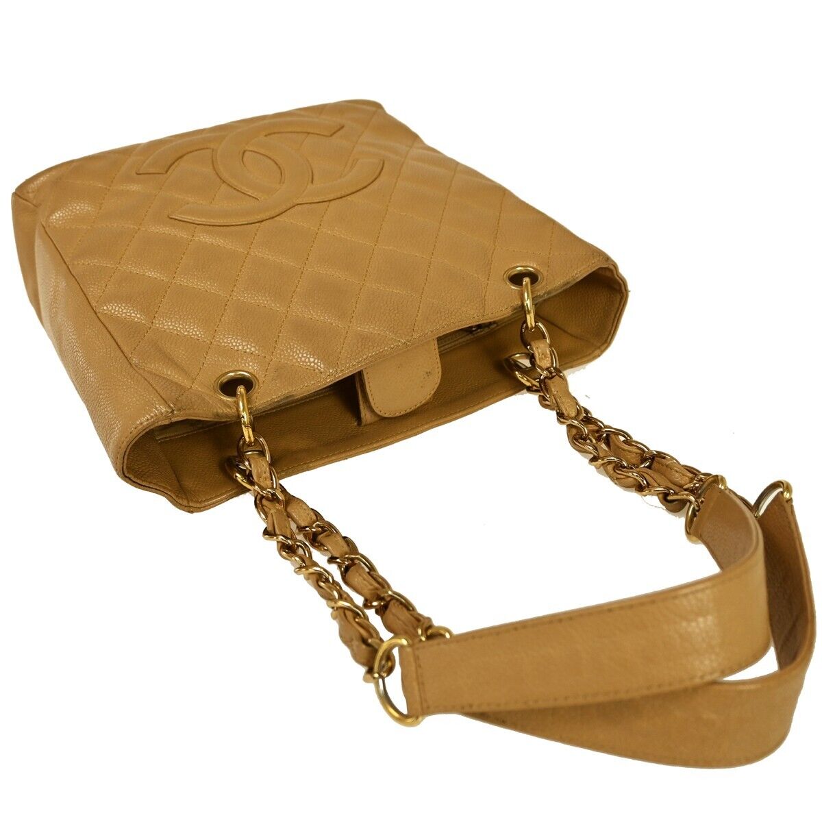 CHANEL CC Matelasse PST Chain Shoulder Bag Caviar Leather Beige GHW 695RH982