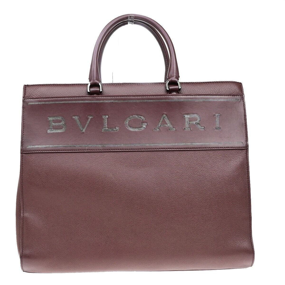 BVLGARI Logo Infinity Tote Hand Bag Leather Red Burgundy Silver Italy 98ED855