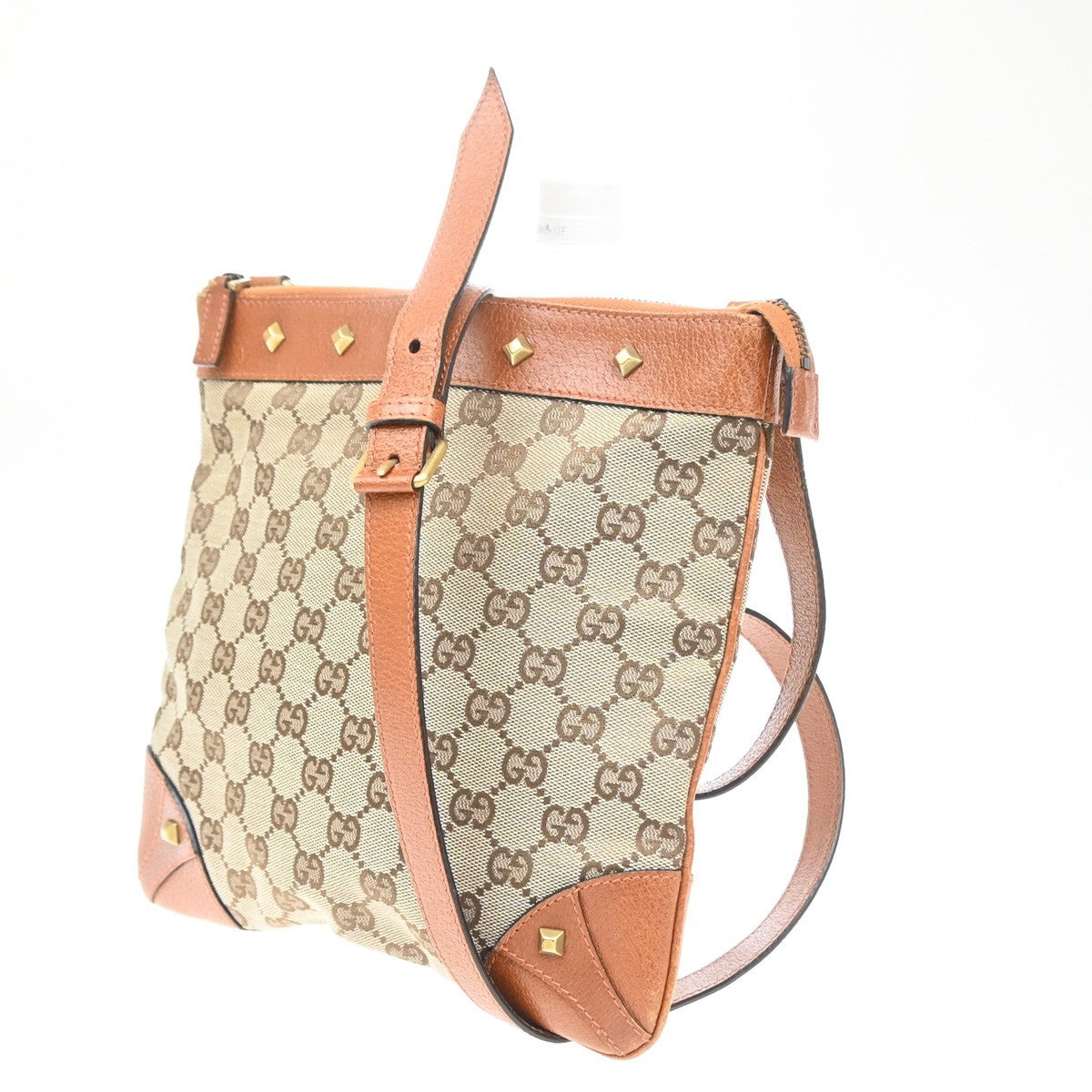 GUCCI Nailhead GG Pattern Shoulder Bag Canvas Leather Brown Orange 70YJ155