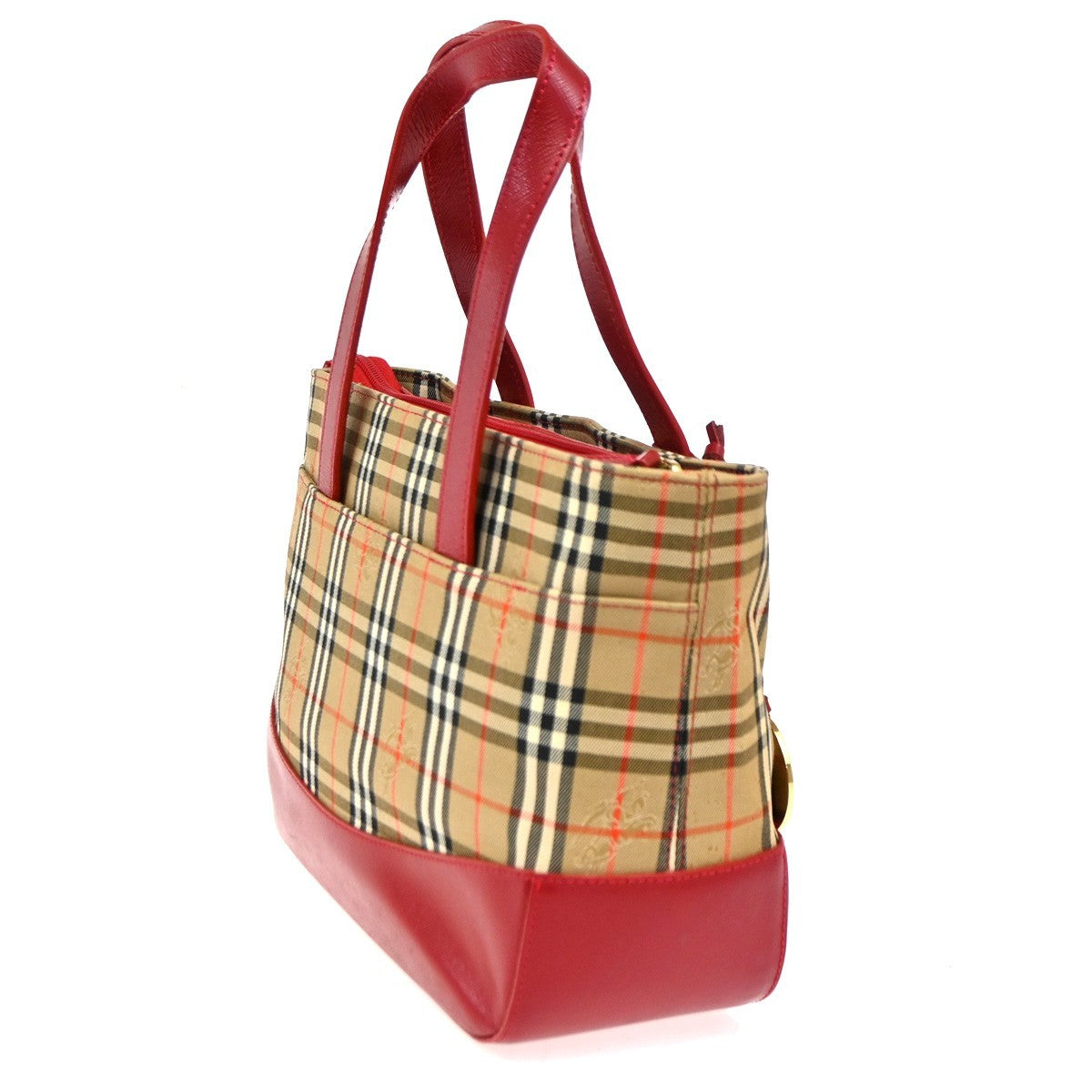 Burberrys Logo Nova Check Tote Handbag Canvas Leather Red Brown GHW  62DA319