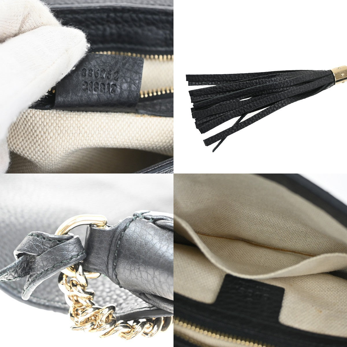 GUCCI GG Tassel Charm Crossbody Chain Shoulder Bag Leather Black Gold  99TA479