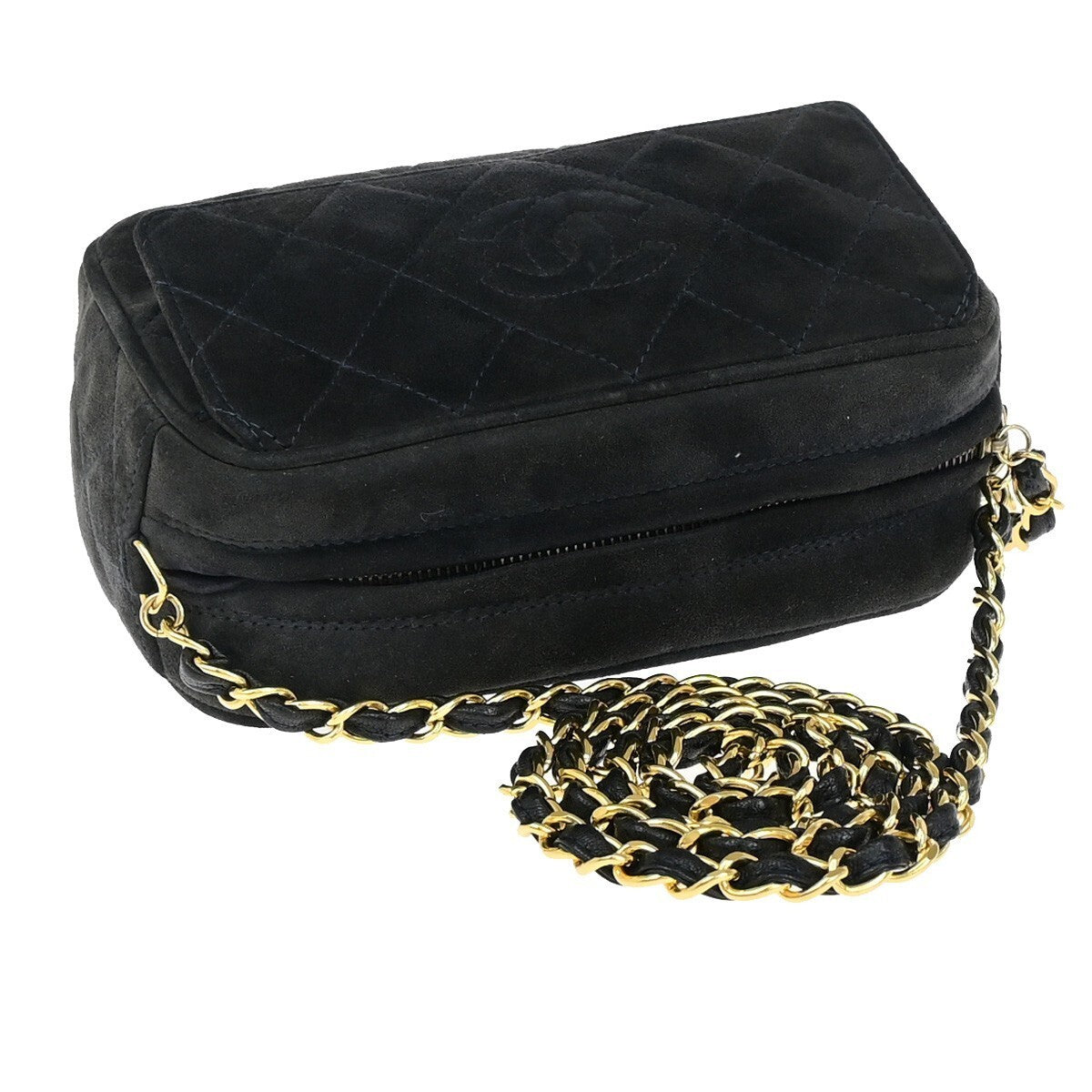 CHANEL CC Logo Mini Matelasse Shoulder Bag Suede Leather Navy Blue Gold 678RK542
