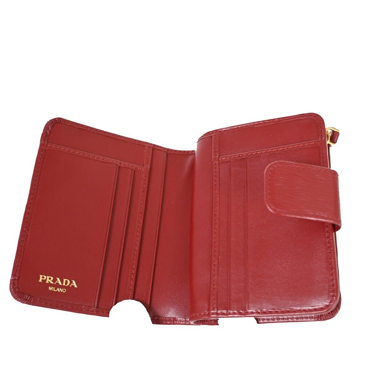PRADA MILANO Logo Bifold Wallet Purse Vitello Move Leather Rubino Gold 76RH888