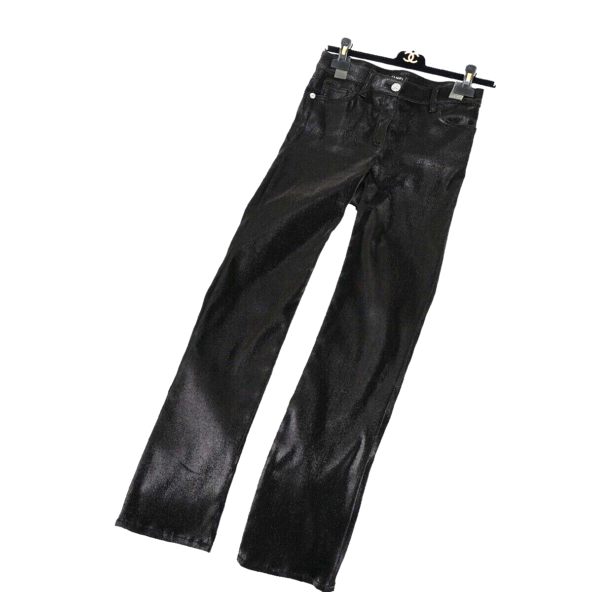 CHANEL CC Logo Trousers pants Stretch Size 36 Cotton Blend Black Italy 33KB117