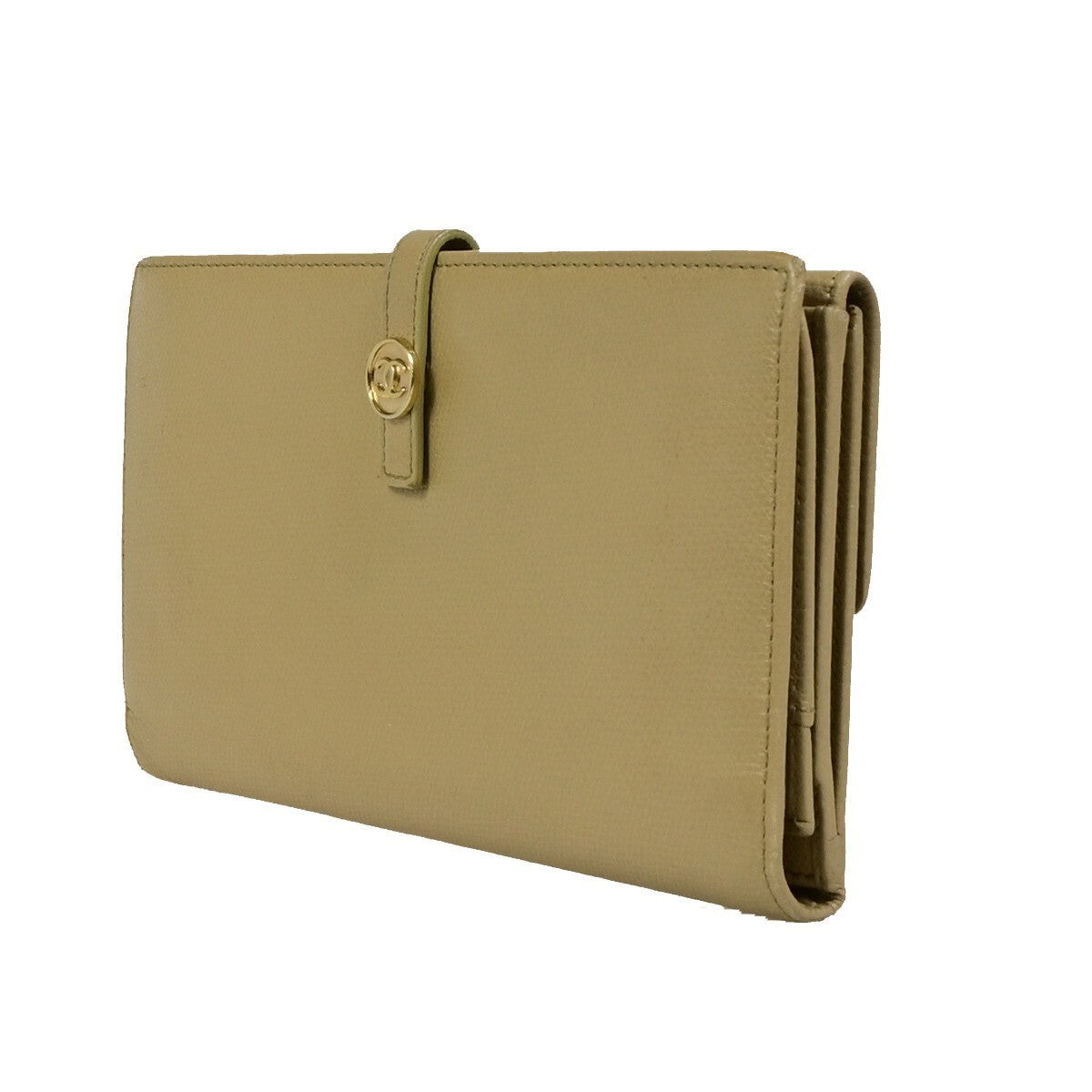 CHANEL CC Logo Long Bifold Wallet Purse Leather Beige GHW Italy 39RF190