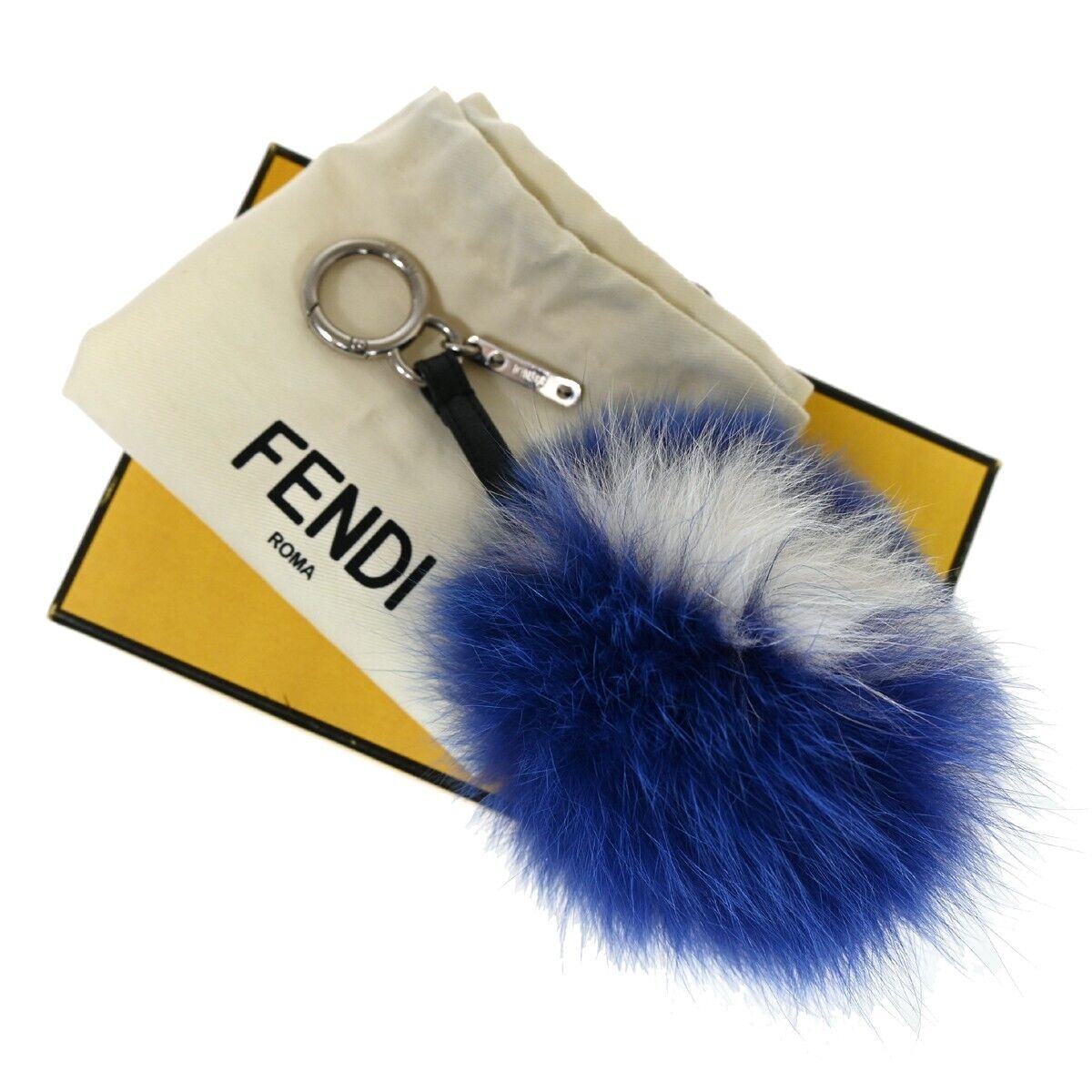 FENDI Logo Pompom Bag Charm Key Chain Fox Fur Leather Bicolor Blue Italy 04GA309