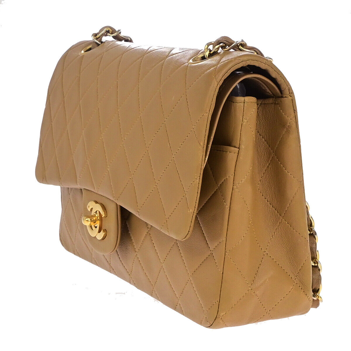 CHANEL CC Matelasse 25 Double Flap Chain Shoulder Bag Leather Beige GHW 332RK663