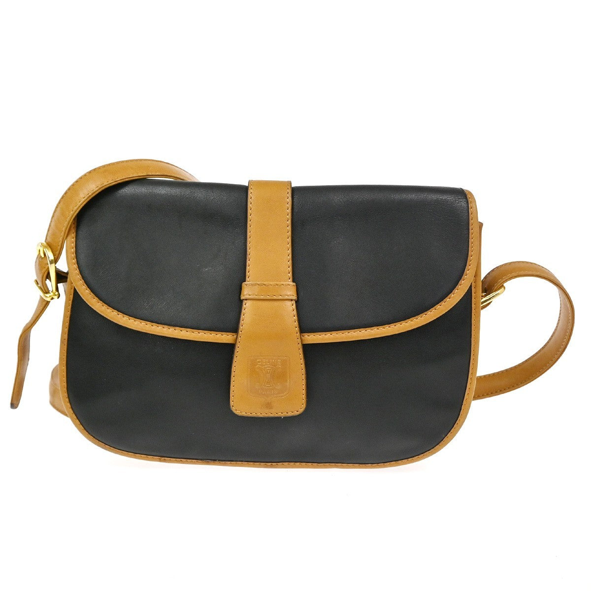 CELINE Logo Crossbody Shoulder Bag Leather Black Brown GHW Italy  66TA664