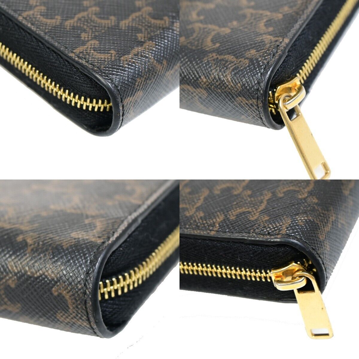 CELINE Triomphe Zip Around Long Bifold Wallet PVC Leather Black Italy 80KA275