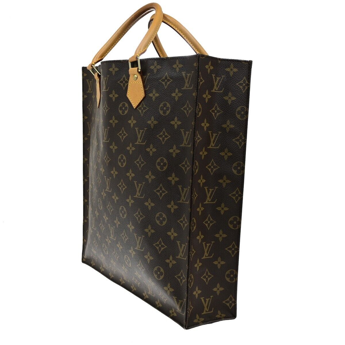 LOUIS VUITTON Logo Sac Plat Hand Tote Bag Monogram Leather Brown M51140 39ED895