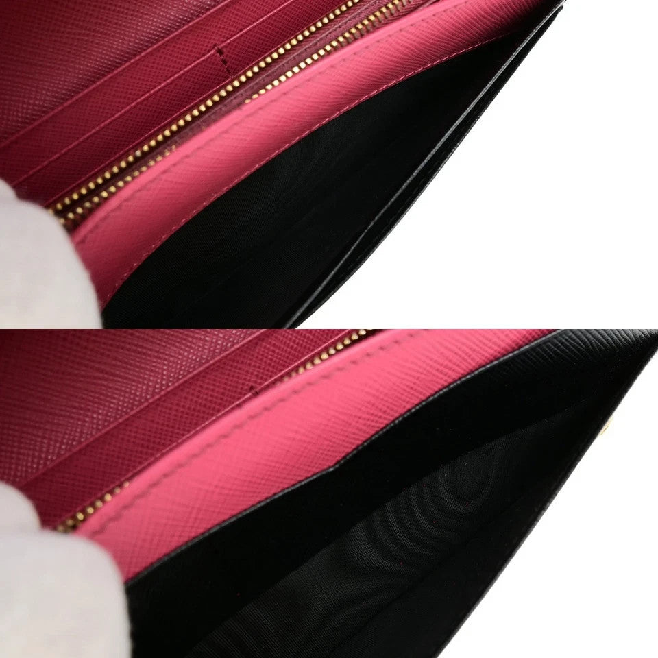 PRADA Logo Saffiano Multic Long Bifold Wallet Leather Black Pink GHW 37YH058