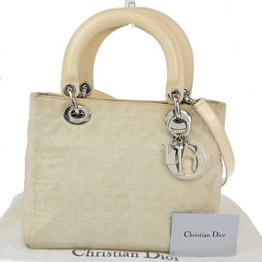 CHRISTIAN DIOR Lady Cannage 2Way Hand Bag Nylon Patent Leather Ivory SHW 81YG576
