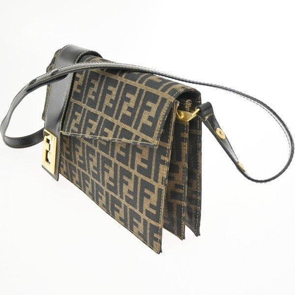 FENDI Logo Zucca Pattern Shoulder Bag Canvas Leather Brown Italy 95RL731