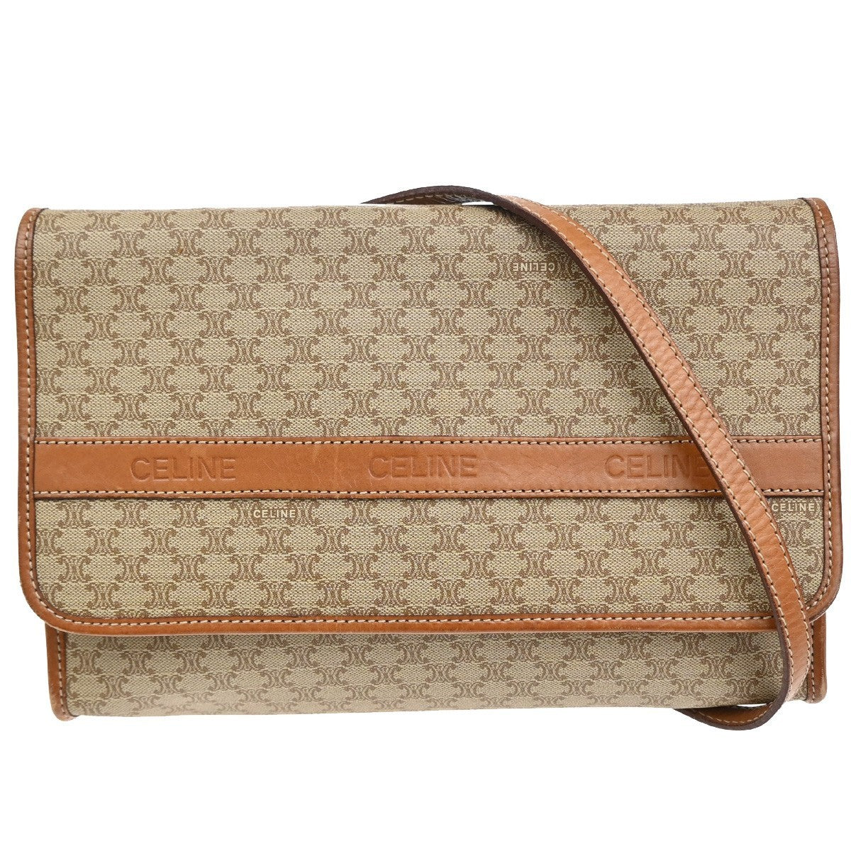 CELINE Macadam Pattern 2Way Shoulder Clutch Bag PVC Leather Beige Italy 69MA114