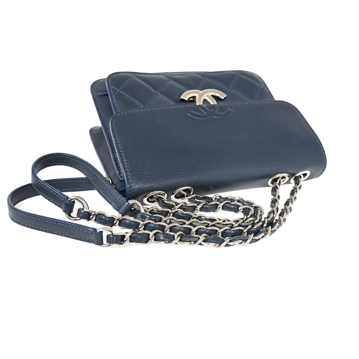 CHANEL CC Logo Matelasse Chain Shoulder Bag Leather Navy Blue silver 805RF077