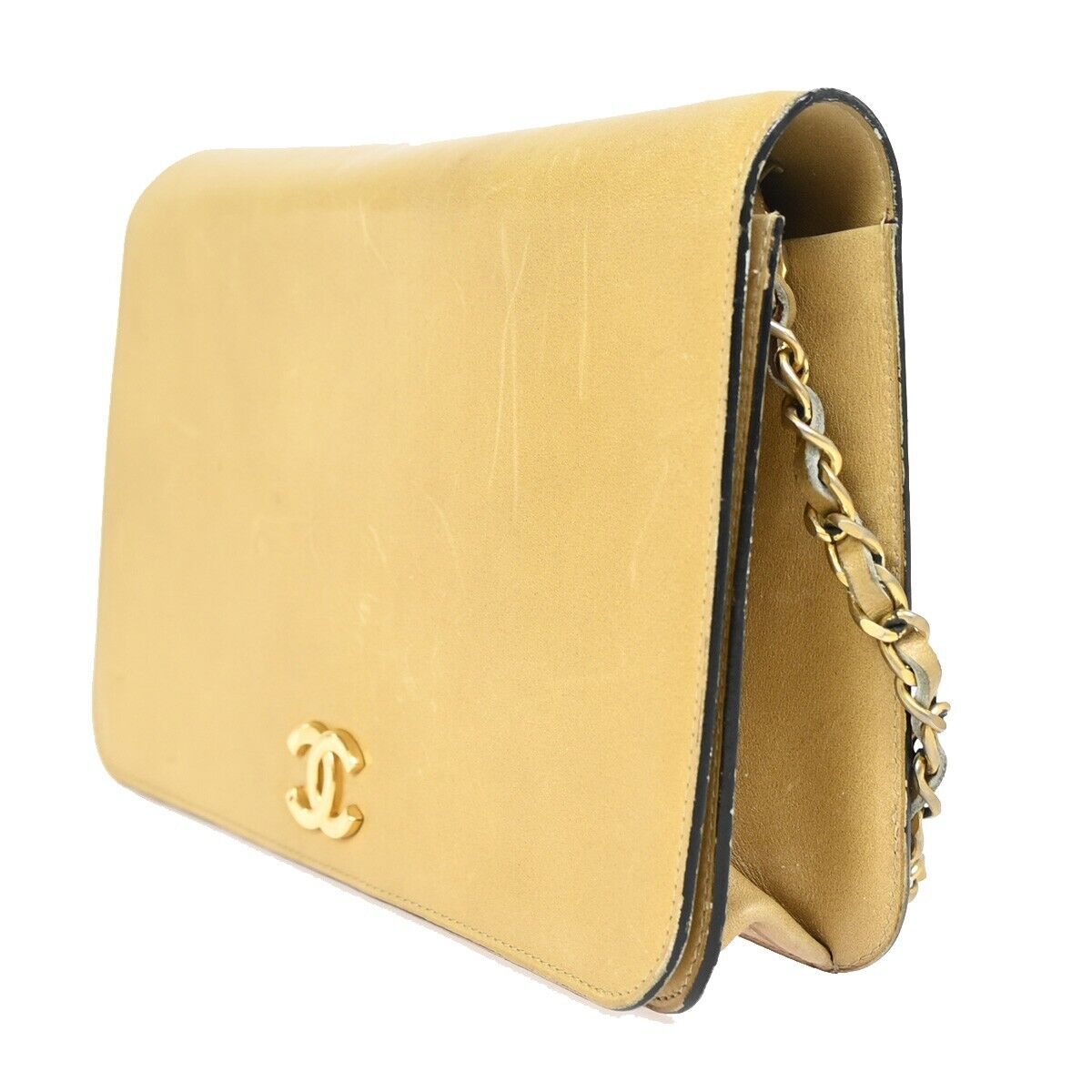 CHANEL CC Logo Chain Shoulder Bag Leather Beige GHW France Vintage 605EB035