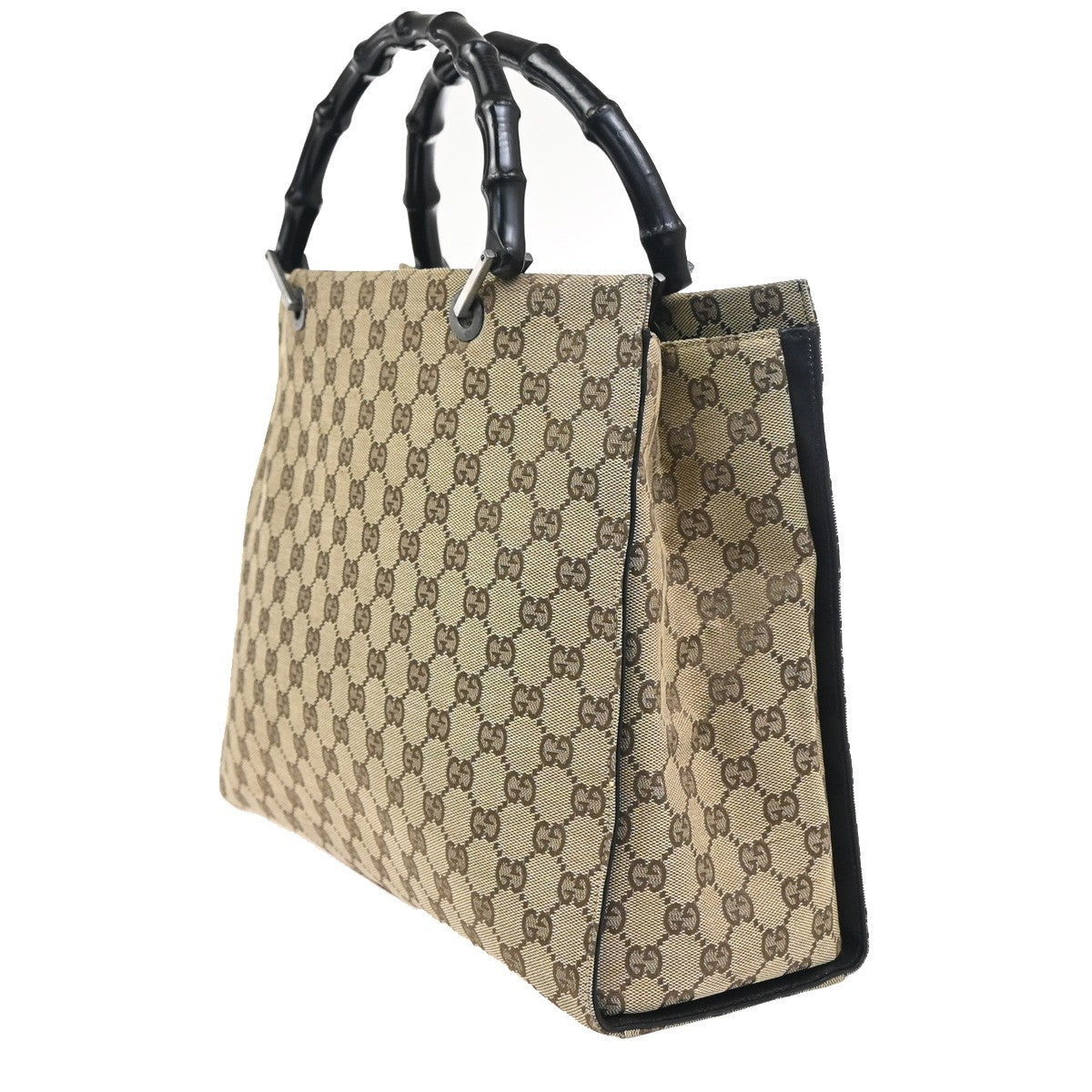 GUCCI Logo GG Pattern Hand Tote Bag Bamboo Canvas Leather BE Brown Italy 69ZA339