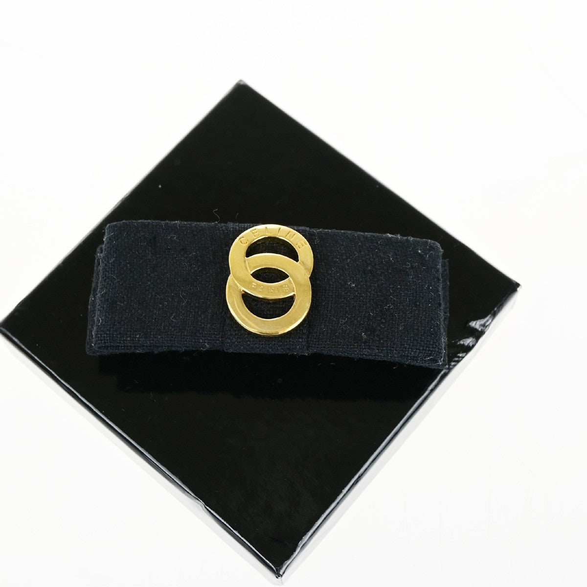 CELINE Logo Double Circle Ribbon Hair Clip Barrette Canvas Black GHW 09KB604