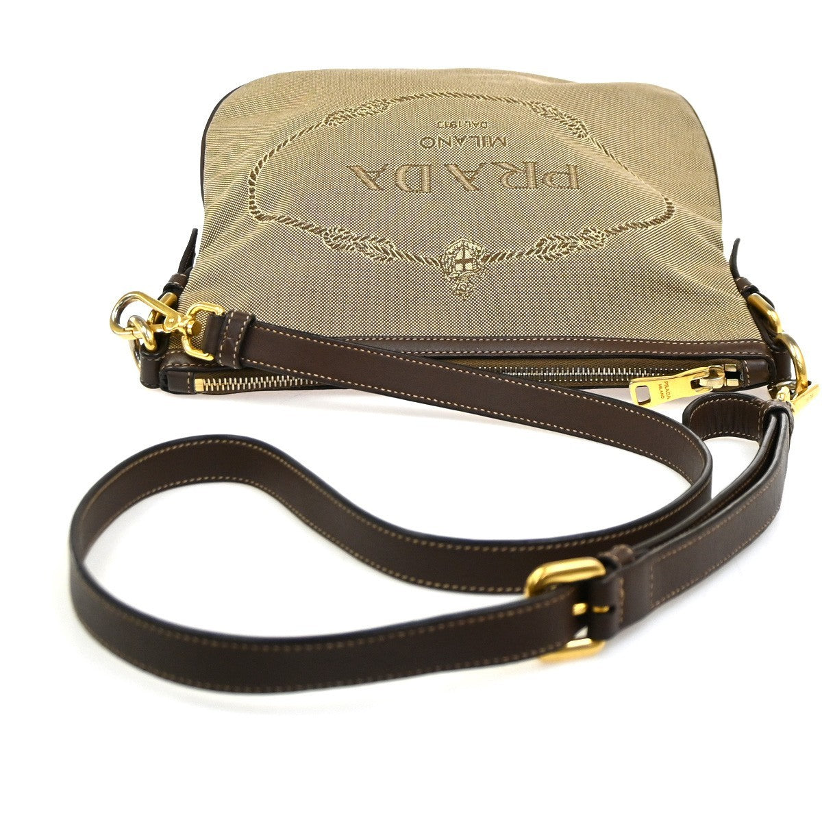 PRADA MILANO Logo Jacquard Shoulder Bag  Leather  Canvas  Brown 19SA060