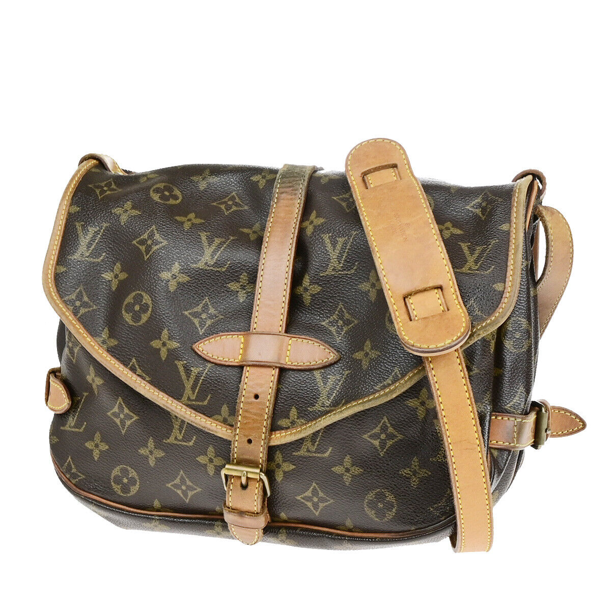 LOUIS VUITTON Logo Saumur 30 Shoulder Bag Monogram Leather Brown M42256 32YF525
