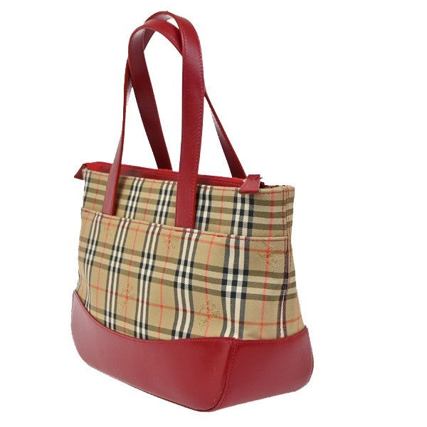 BURBERRY Logo Handbag Canvas Leather Beige Red Charm Gold 32RL572