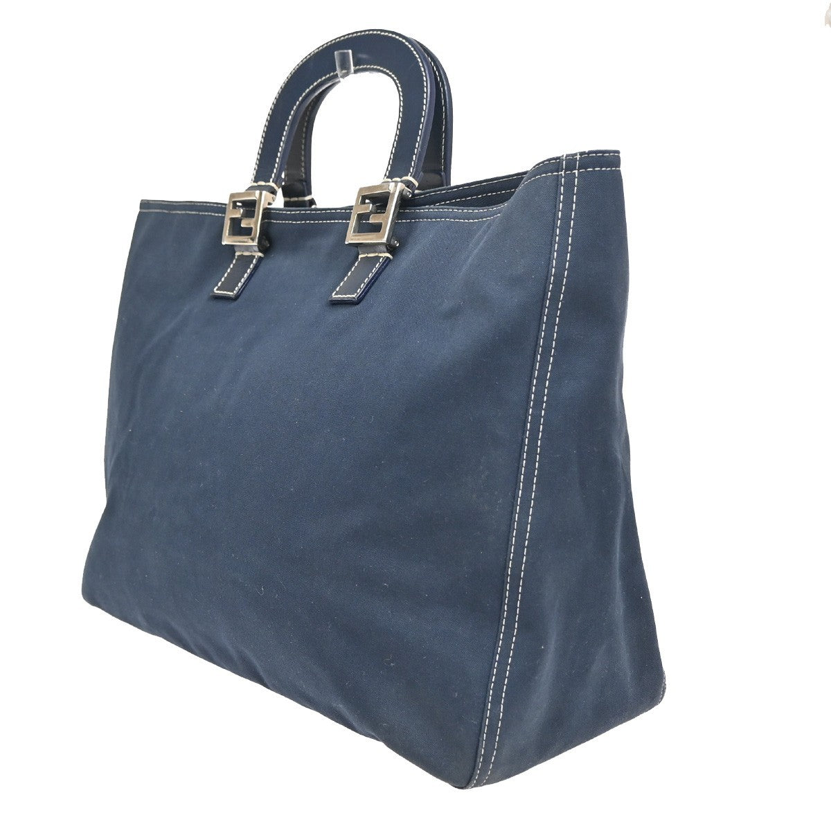 FENDI FF Logo Hand Bag Tote Bag Canvas Demin Leather Navy Blue Italy 78ZA127