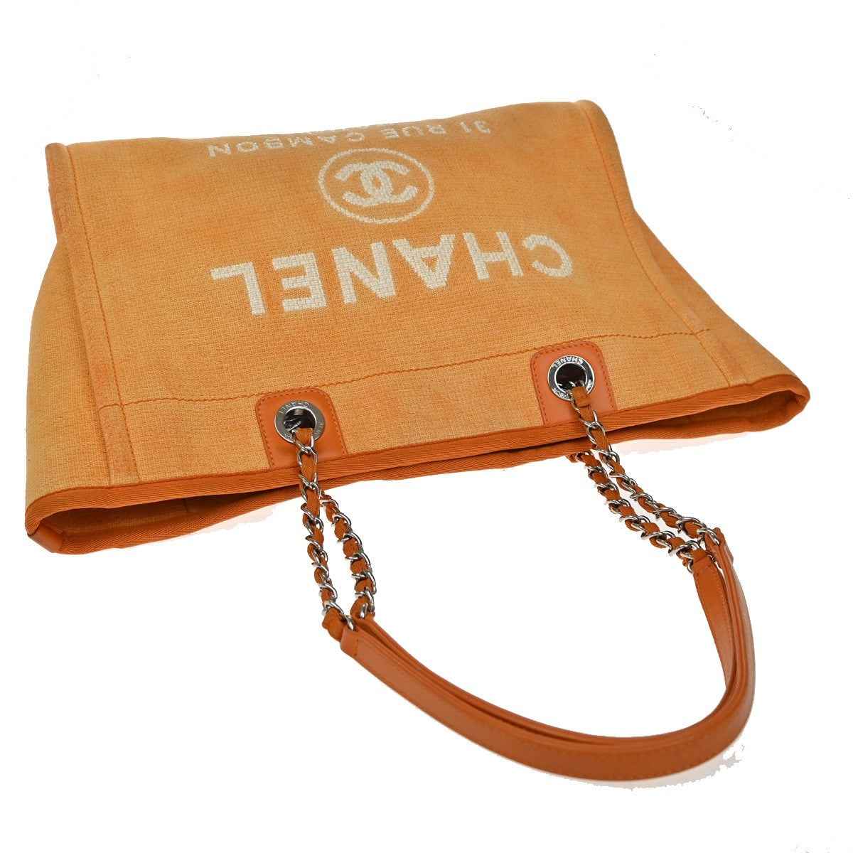 CHANEL Deauville Chain Shoulder Tote Bag Canvas Leather Orange Italy 373RF715