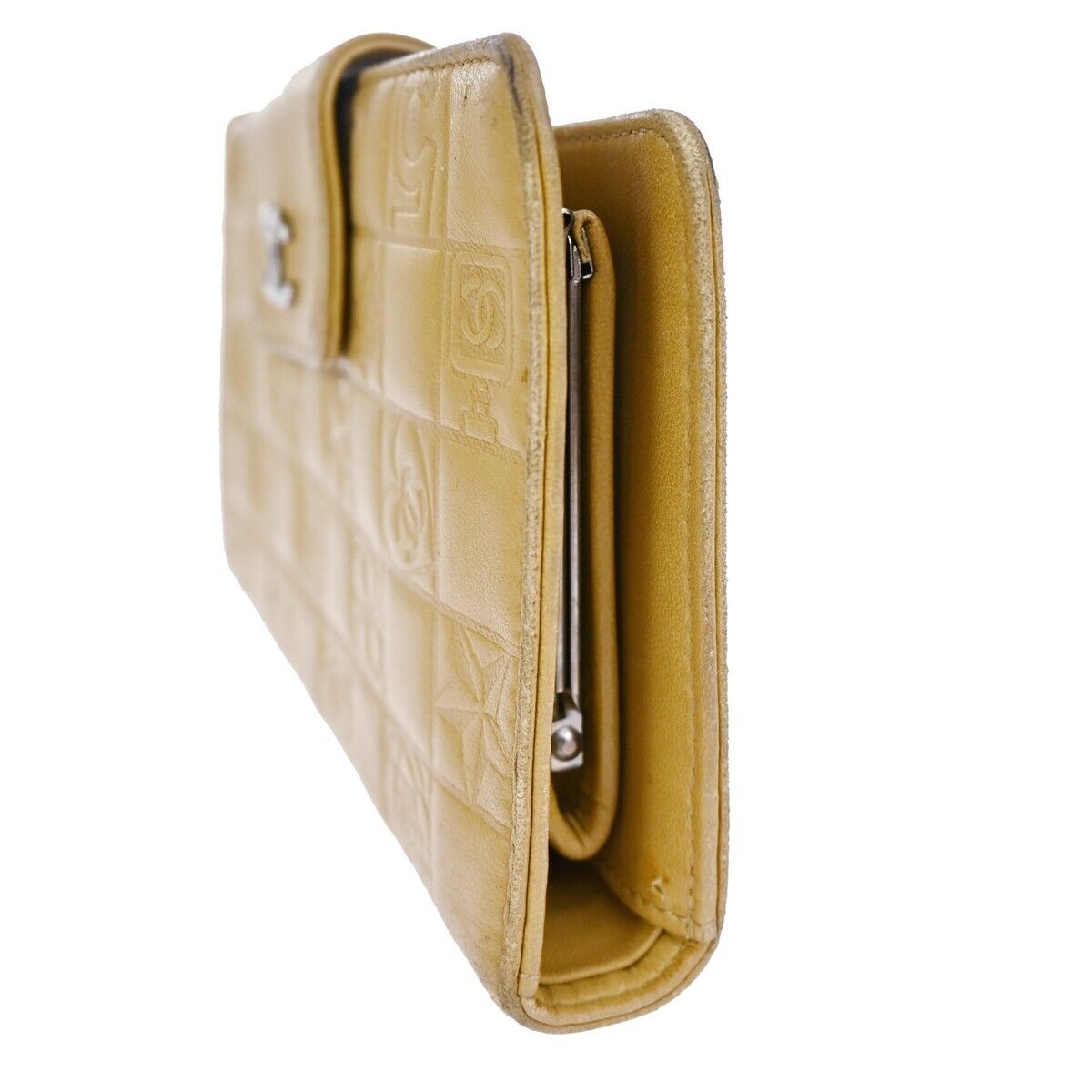 CHANEL CC Logo Icon Long Bifold Wallet  Purse Leather Beige SHW Italy 68EA127