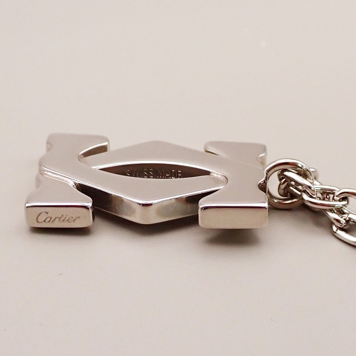 CARTIER 2C Logo Chain Bag Charm Key Ring Silver ACCESSORY 01EE505